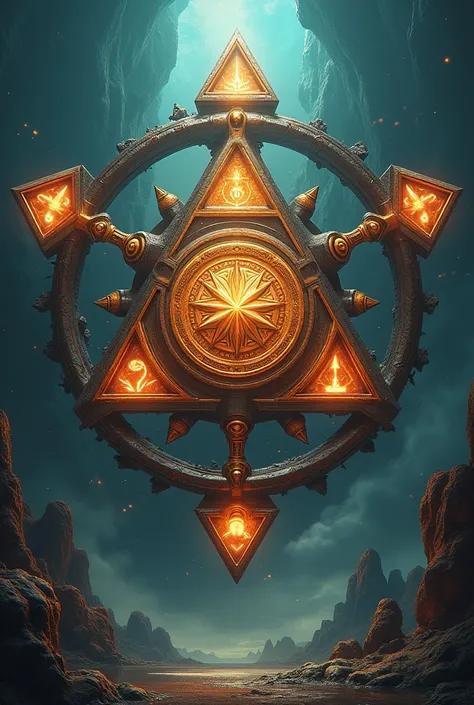 Create an image with the triforce as a base, the upper triangle being the symbol of igni from the witcher, the central Yu-Gi-Oh Millennium Puzzle, the one on the right is the goomba from super mario and on the left is the symbol of pokemon&#39;s magma team