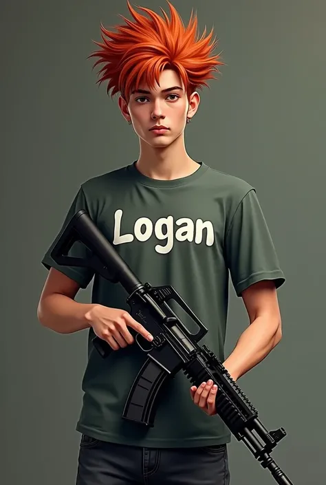 Generates a 24 year old redhead boy with a t-shirt that says Logan and an AK and a gun with a mushroom hairstyle