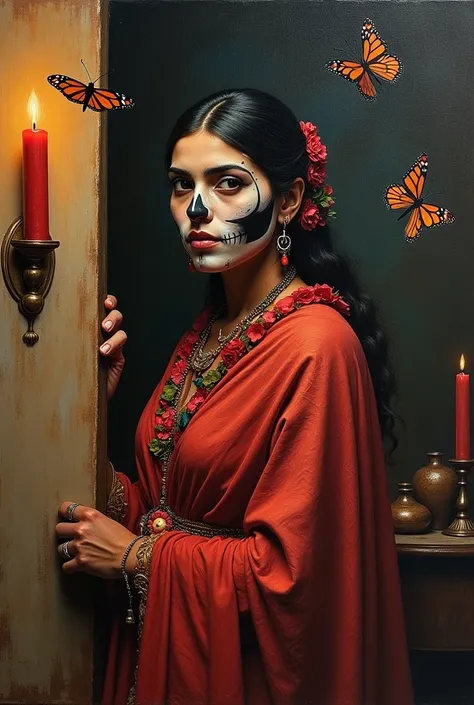 An oil painting with an allusion to the Day of the Dead of a Purepecha woman showing only the upper middle part, wearing a shawl and with elements alluding to such festivity such as candles, incense or candle, In addition to a symbol such as the monarch bu...