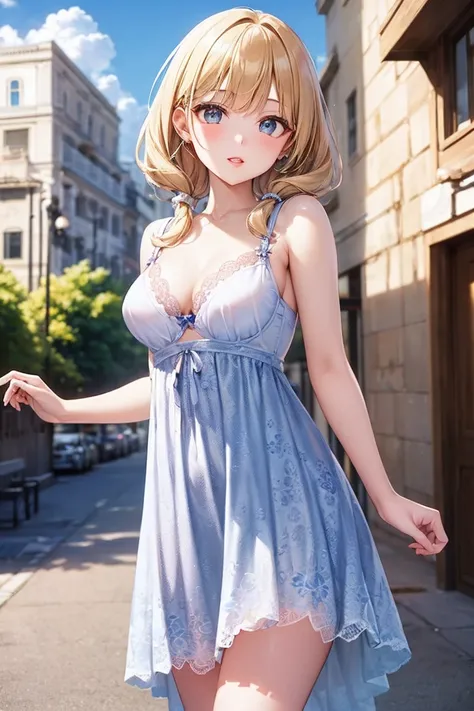 Absurd, Highly detailed lips,Red lip color,Bright colors, Very beautiful and detailed anime faces and eyes, View from the front, ;teeth, Shiny_skin,Age 25, (Casual dress:1.8),(The pattern of her bra is faintly visible through her dress:1.4),(White bra with...