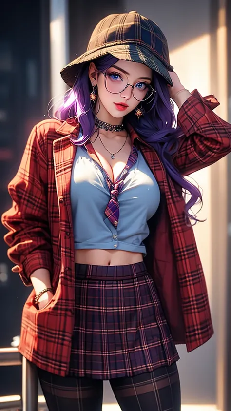 a very beautiful girl with striking blue eyes, wearing a plaid dress, plaid skirt, plaid headwear, plaid shirt, plaid pants, plaid legwear, plaid jacket, plaid scarf, plaid bow, plaid bra, plaid necktie, plaid vest, and checkered skirt, standing with one l...