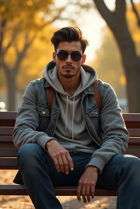 (photorealism:1.2), handsome college anime man, with sun glasses sitting on school bench, wearing hoodie, warm lighting,  relaxed pose, realistic, intricate details by Greg Rutkowski, by Alphonse Mucha