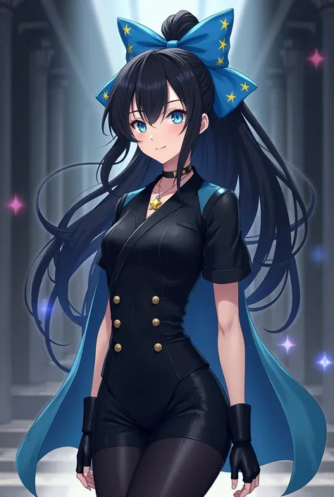 A female character in the style of the anime Demon Slayer who has long black hair loose with a ponytail on top with a blue bow with a yellow star. Her uniform is black and she wears a short-sleeved haori in the same shade of blue as the bow. She wears blac...