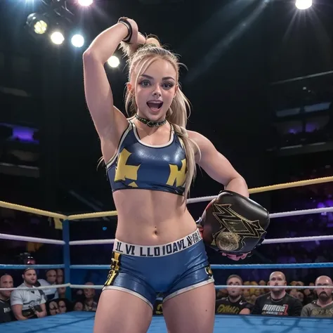 Female wrestler,  , blonde hair,  blue eyes,  adorned in her signature fierce wrestling gear, standing victorious in the center of a wrestling ring under a spotlight. The crowds roar echoes around her as she holds up the championship belt high above her he...