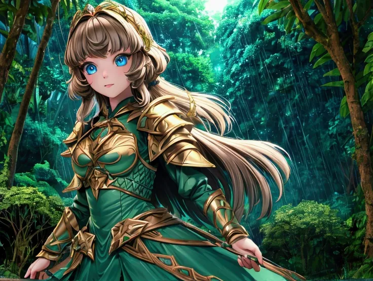 A young girl with short brown fluffy hair, pale skin, wearing a verdant green armor dress, has beautiful blue eyes, Deep jungle like setting, raining softly