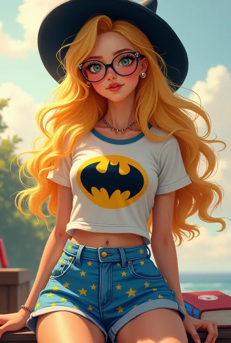 Woman blonde hair glasses Batman shirt blue star shorts book hat .
