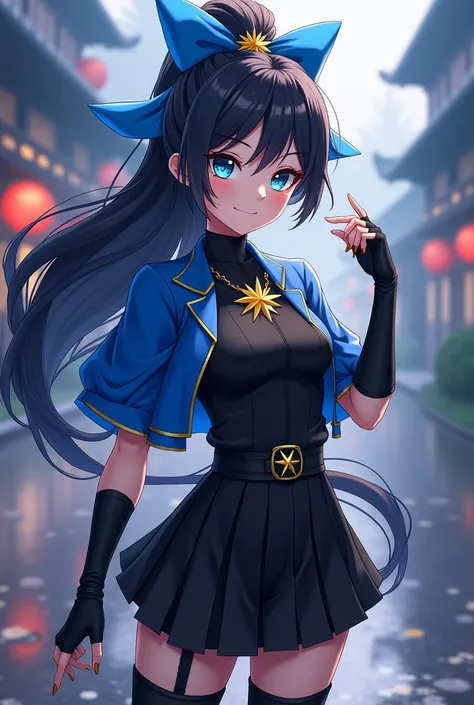 A female character in the style of the anime Demon Slayer who has long black hair loose with a ponytail on top with a blue bow with a yellow star. Her uniform is black and she wears a short-sleeved haori in the same shade of blue as the bow. She wears blac...