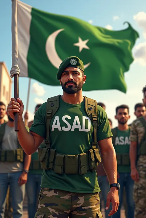 Make a picture in which Pakistani army t-shirt with the name Asad written on it, Pakistan flag in my hand and pakistan ringers with me, Pakistan flag in my hand and Nawaz Sharif stend with me