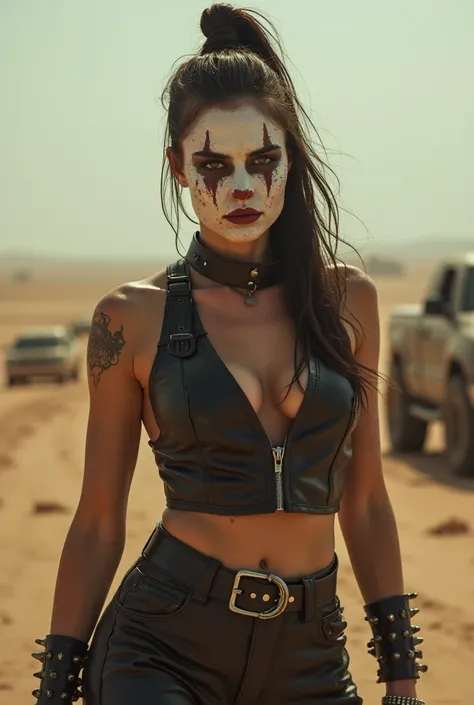 dystopian style A 22 year old woman, leather outfit with spikes, smeared clown makeup, skinny, athletic, dirty, glaring at you,white makeup in the style of Mad Max - Fury Road directed by George Miller, desolate landscapes, gritty vehicles, fiery explosion...