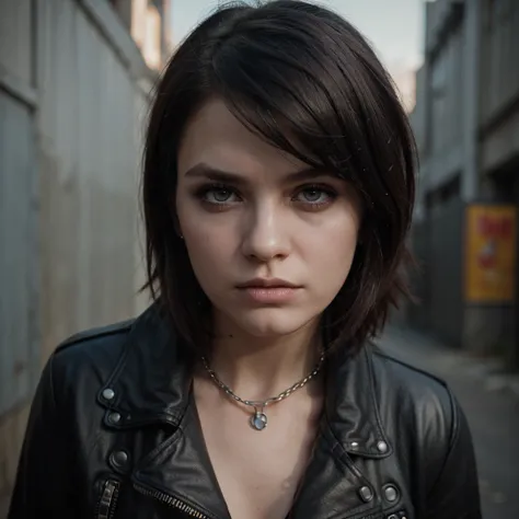 a punk girl with short hair, beautiful detailed face, piercing eyes, sharp nose, full lips, beautiful pale skin, punk clothing, leather jacket, ripped jeans, punk accessories, studded belt, chains, nose ring, dark eye makeup, smoky eyes, moody expression, ...