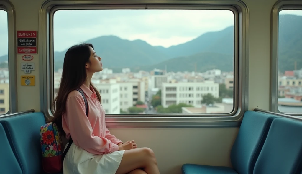 a young woman, with long dark hair, dressed in a pink blouse and a white skirt,with a colorful backpack, sitting on the subway chair, watching the white buildings of Cali and the mountains,through the window melancholic and contemplative atmosphere,  soft ...