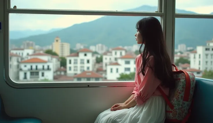 a young woman, with long dark hair, dressed in a pink blouse and a white skirt,with a colorful backpack, sitting on the subway chair, watching the white buildings of Cali and the mountains,through the window melancholic and contemplative atmosphere,  soft ...