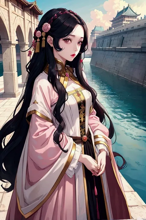 1 girl, Retailer, perfect model, beauty, black hair, long curly hair, Brown eyes, anime, realist, Pale skin, pink lips, Empress dress, imperial palace, majestic scenery, medieval.