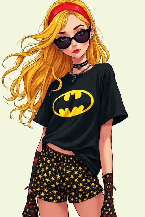 Blonde hair, black Batman shirt, sunglasses, star shorts, red headband


