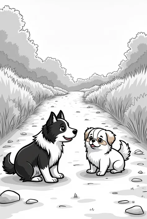 A black and white border collie dog, a shitzu dog on a dirt road. Cartoon