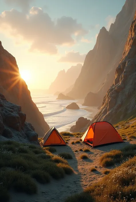 Camping in a region of dunes and restinga vegetation. There must be two tents at the campsite, sunset and sea in the background of the image. 