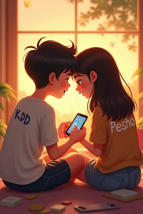 Cute Couple sit together and play yalla ladu game in phone,boy name KD and girl name pesho and name write back side in shirt 