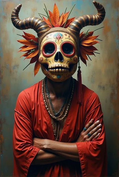 An oil painting of a man with only the upper part wearing a mask from the dance of the old men of Michoacan, Mexico, with traditional Purepecha clothing and with allusion to the Day of the Dead of the Purepecha culture