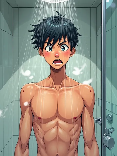 un personnage masculin surpris sous la douche. Style manga.