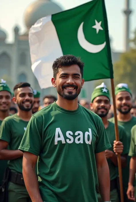 Make a picture in which Pakistani army t-shirt with the name Asad written on it, Pakistan flag in my hand and pakistan ringers with me, Pakistan flag in my hand and Nawaz Sharif stend with me