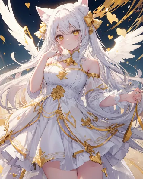  1catgirl, cat ears, (white long hair)) , oversaturated yellow eyes, intricate cool dress. Bare shoulders, white god dress with gold skirt. Portrait. Medium breast. Super detailed. Perfect anime yellow eyes, bare shoulders, white angel Wings. 
 Natural pos...