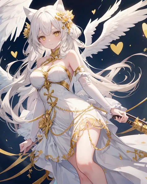  1catgirl, cat ears, (white long hair)) , oversaturated yellow eyes, intricate cool dress. Bare shoulders, white god dress with gold skirt. Portrait. Medium breast. Super detailed. Perfect anime yellow eyes, bare shoulders, white angel Wings. 
 Natural pos...