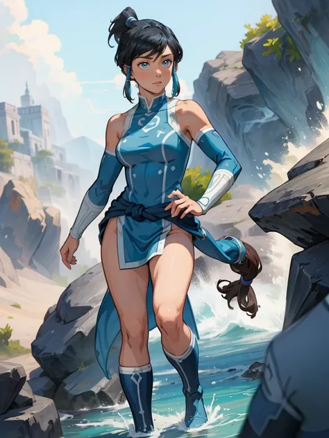 1girl, solo, (masterpiece), best quality, ultra-detailed, Korra from Avatar, Retro style, full body. fashion cloth, fancy. waterbending, happy, sexy smiling