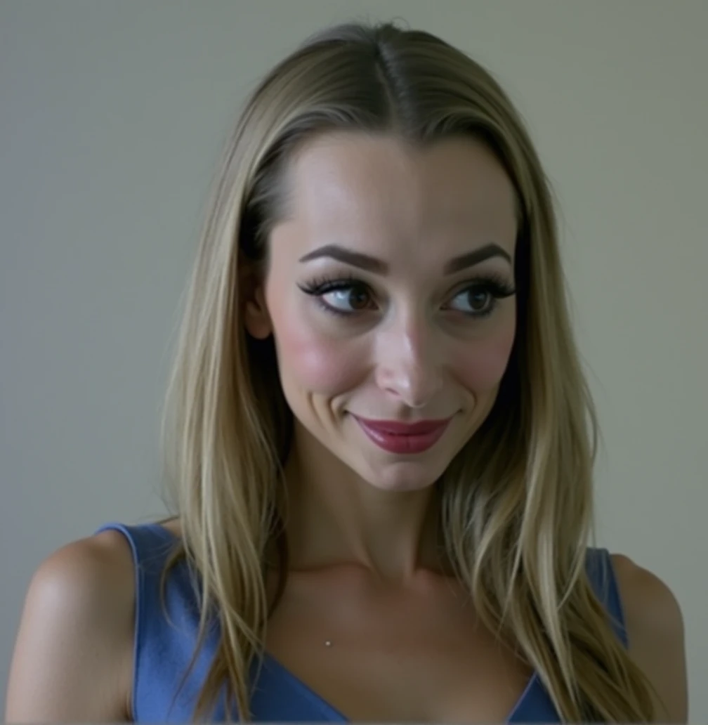 Woman with big forehead and big long nose, one eyebrow raised, smiling ear to ear, mouth closed, blue dress