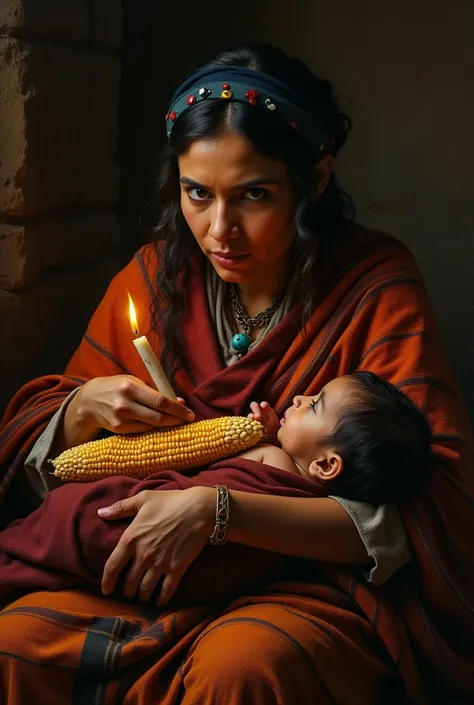 masterpiece, realist, Eugene Delacroix, Baroque, high contrast, Mexican Rarámuri indigenous woman, with Mexican woven shawl,breastfeeding her baby, and held a corn cob, illuminated by a candle, shocking look, warm tones, dark background, Rembrandt, Delacro...