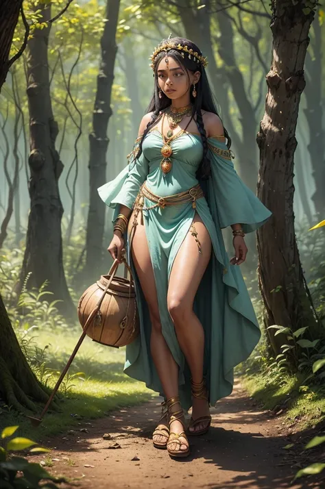 (((Goddess Jurema UHD ))) presents itself with vibrant clothing rich in symbolism: a long, flowing dress made from natural fabrics, adorned with patterns representing the flora and fauna of the forest. The predominant colors are green, bright blue and gold...