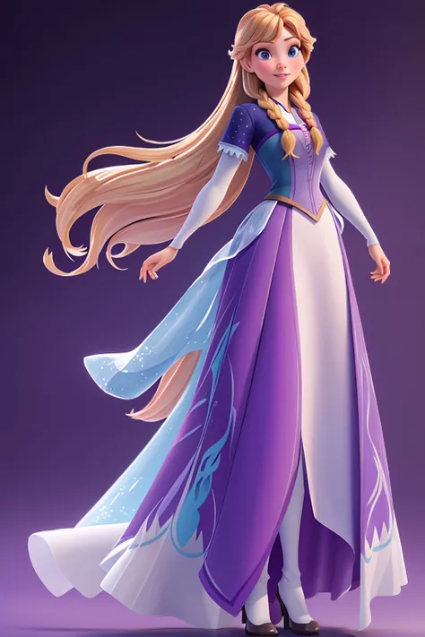 (((full body photo))) masterpiece, 3d, best quality, Frozen, Dysney, Princess Anna, long blonde hair, purple hair
