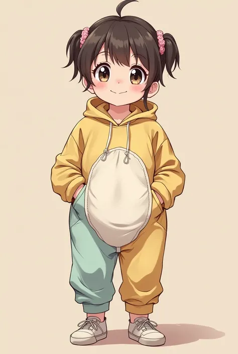 Une personne adulte type anime qui porte une tenue de bébé avec une couche tres visible