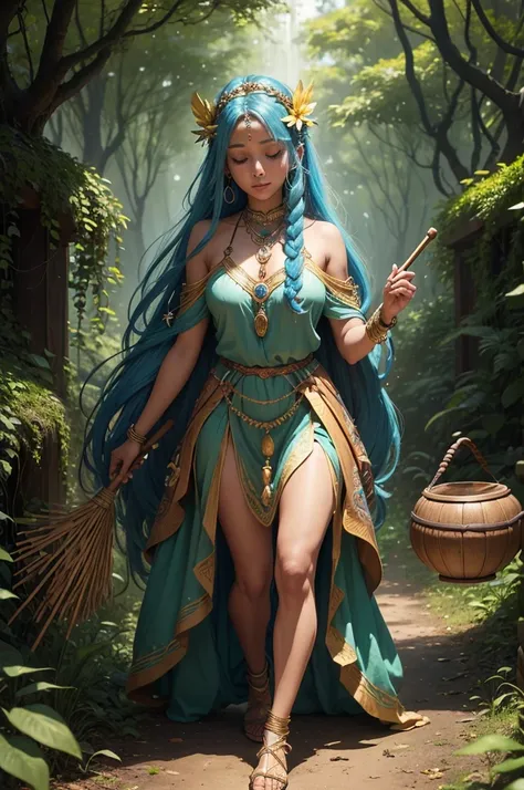 (((Goddess Jurema UHD ))) presents itself with vibrant clothing rich in symbolism: a long, flowing dress made from natural fabrics, adorned with patterns representing the flora and fauna of the forest. The predominant colors are green, bright blue and gold...