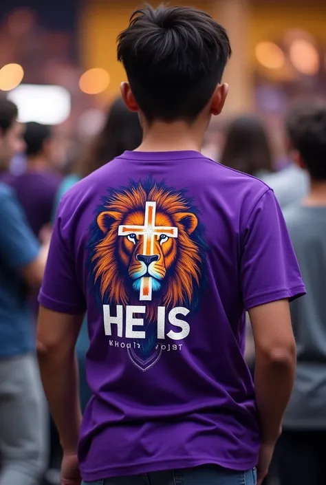 A purple t-shirt to wear to a youth conference,written on the back he is, with an image of a lion and a cross