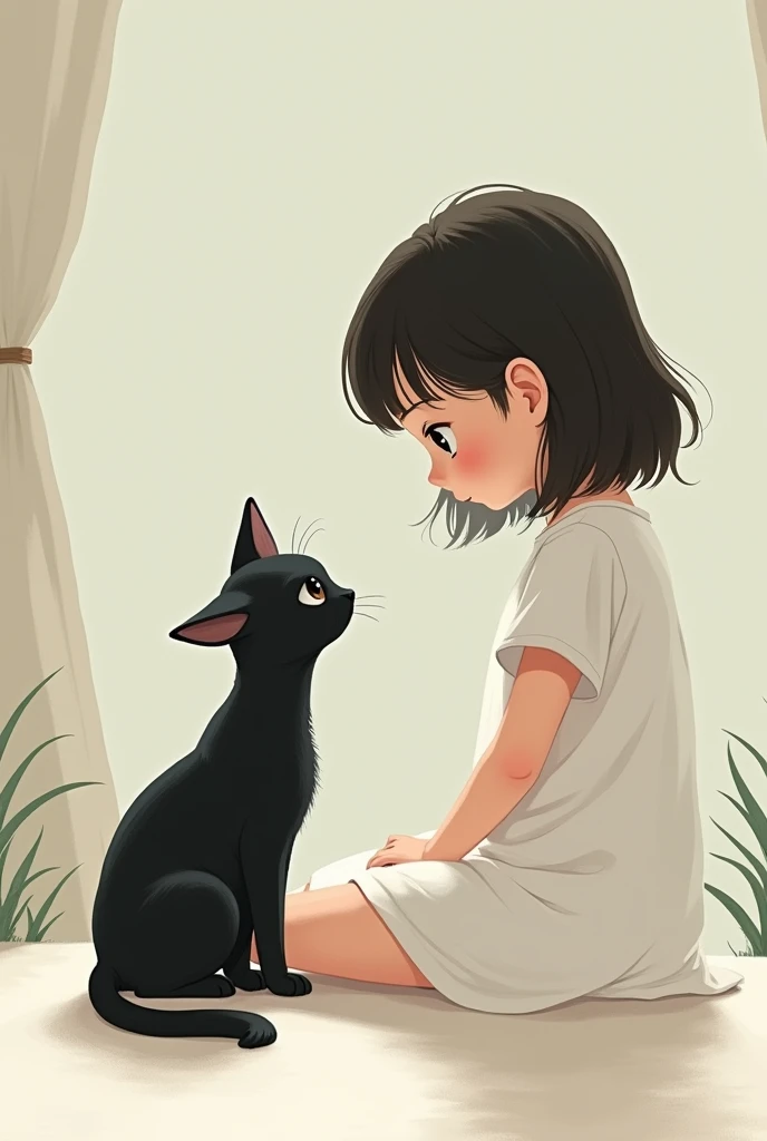 A girl with bangs watching her black cat, girl in white anime like image
