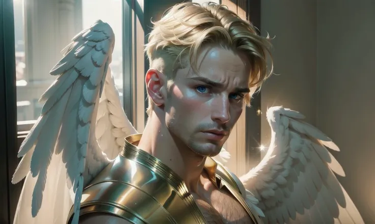 [((highly detailed, detailed eyes, detailed face, clear and realistic facial features, photorealistic, realistic light, cinematic, chest-up shot)), (1 man), Gorgeous and sexy and powerful masculine male angel, (((large wings))), ((faint halo)), ((short blo...