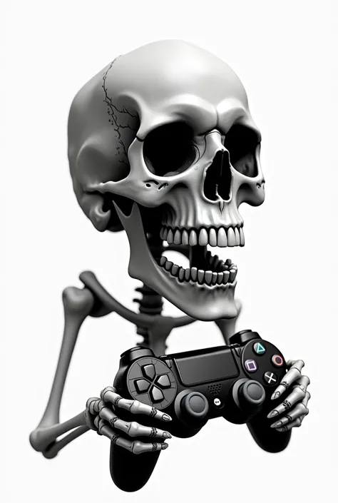 Skull with Playstation controller in hand in black and white with transparent background 