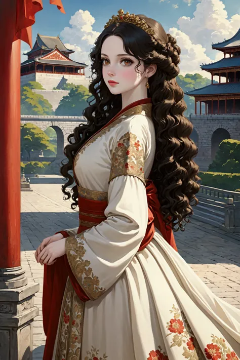 1 girl, Retailer, perfect model, beauty, black hair, long curly hair, Brown eyes, anime, realist, Pale skin, Brown eyes claros, European Empress Dress, imperial palace, majestic scenery, medieval.