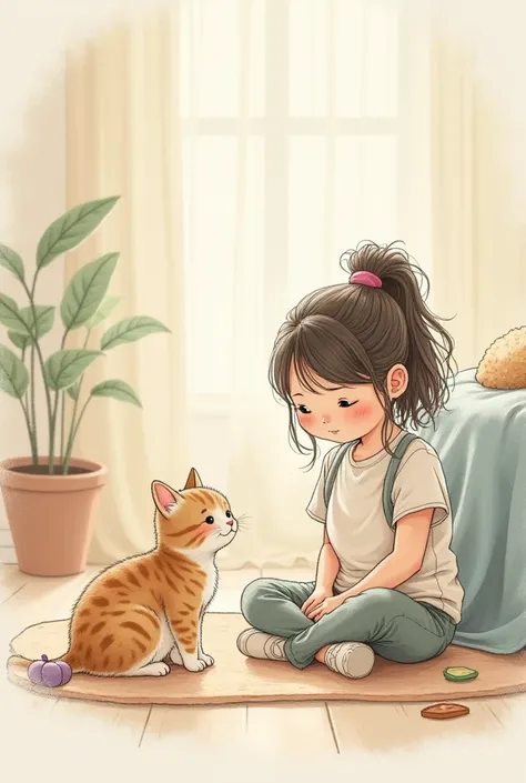 Drawing of a girl watching her cat 
