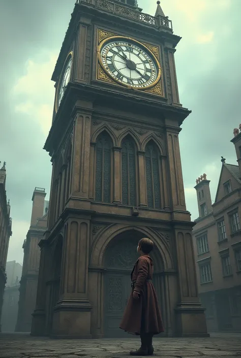 A huge clock next to a boy
