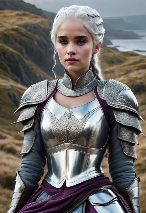 Targaryen woman, stunning beauty, gentle face. Silver hair braided and gathered into a bun, White skin, violet eyes, age 17 dressed in silver armor, with hairy fur coat, riding a great whitish dragon, with details in a pale blue, 
game of thrones painting ...