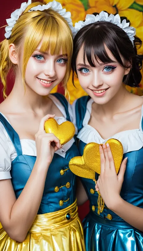 2 german teen-girls cosplaying manga girls, manga like eyes, van gogh style picture, shiny clothing, seductive smile, hands heart shape