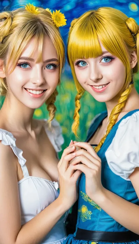 2 german teen-girls cosplaying manga girls, manga like eyes, van gogh style picture, shiny clothing, seductive smile, hands heart shape