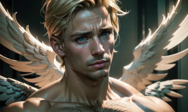 [((highly detailed, detailed eyes, detailed face, clear and realistic facial features, photorealistic, realistic light, cinematic, chest-up shot)), (1 man), (((((Gorgeous perfect sexy powerful masculine male angel))))), (((one pair of large wings))), ((fai...