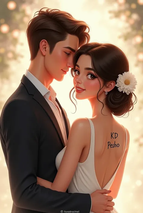 Create couple picture with name ,Name written back side dress ,boy name KD and girl name pesho and the name written in dress