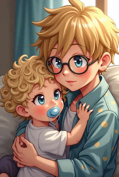 a 2 year old boy with a blue pacifier, curly blonde hair down to the shoulders, blue eyes and on the lap of his 16 year old older brother with glasses, blue eyes and blonde hair and with anime clothes 
