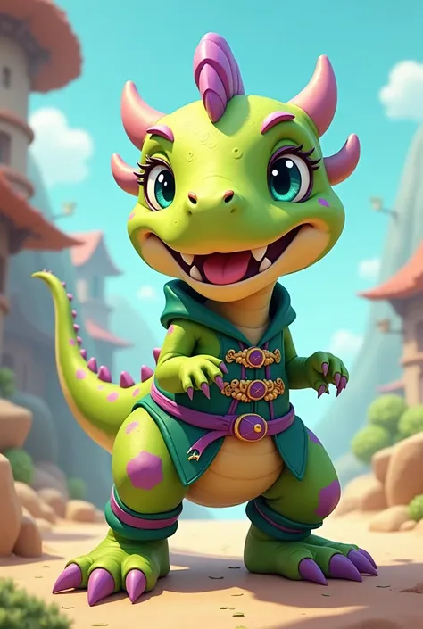 Naughty smiling FEMALE dinosaur wearing cute kawaii apple green NINJA outfit with CRESTS and CLAWS and purple and lilac SPOTS with blue-green eyes WITH BIG legs like yoshii and cute environment background