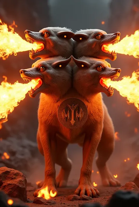 A Cerberus breathing fire from its mouth and a large MYM printed on the front