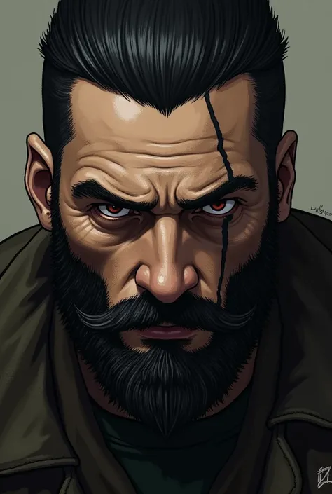 Realistically a man with black hair with a low fade cut, sober and deep look, dark circles under his eyes, slightly reddish brown eyes, reasonably defined jaw, vertical cut scar over right eye, full beard but short and somewhat poorly done.