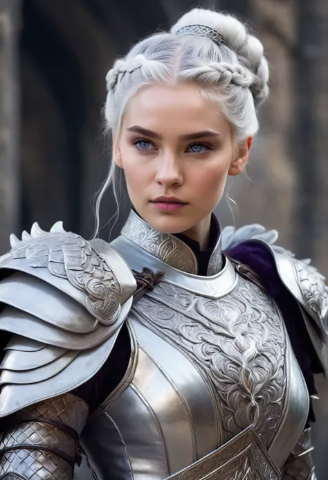 Targaryen woman, stunning beauty, gentle face. Silver hair braided and gathered into a bun, White skin, violet eyes, age 17 dressed in silver armor, with hairy fur coat, riding a great whitish dragon, with details in a pale blue, 
game of thrones painting ...